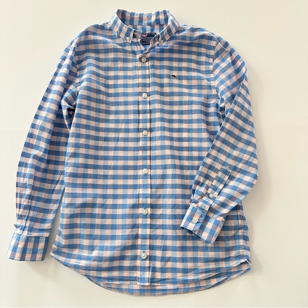 Vineyard Vines Boys 12-14 Blue Pink Plaid Whale Button Down Shirt